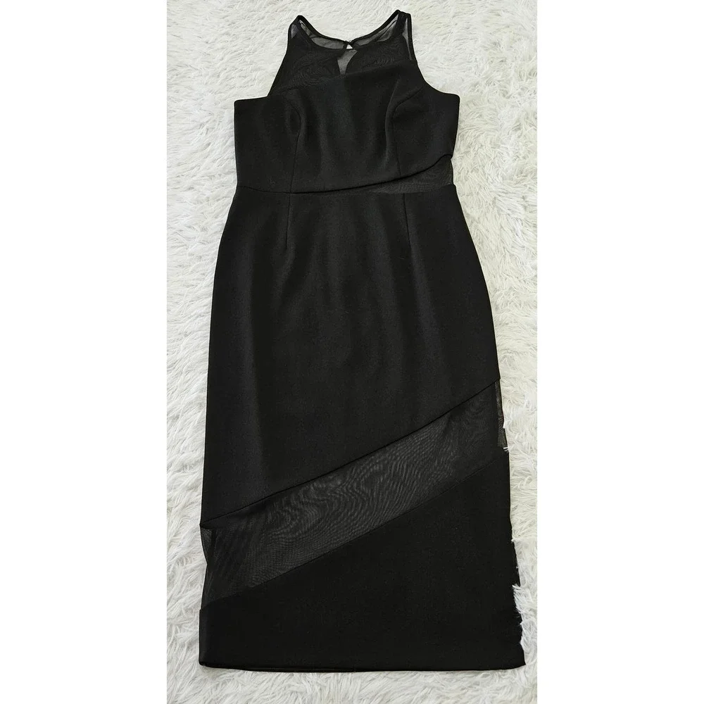 Jay Godfrey Womens Black Sleeveless‎ Mesh Accent Minimalist Midi Dress Sz 4